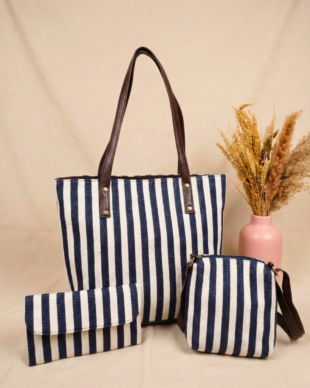 Black & White Jacquard Luxe Laptop Bag with Brown Leatherite 3pcs |