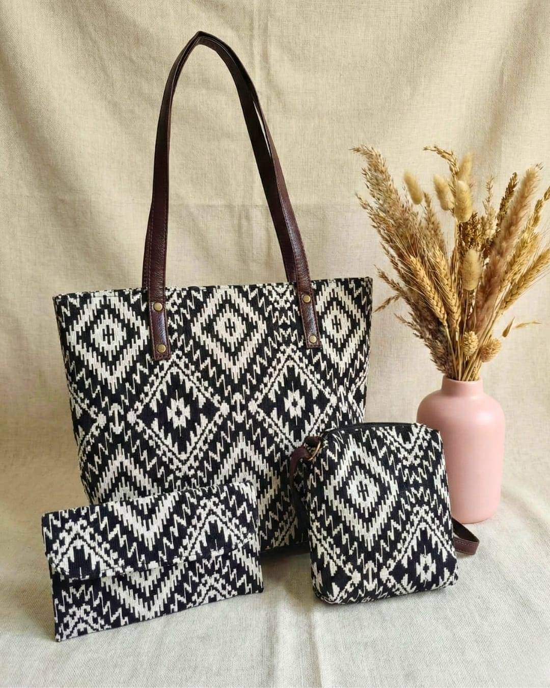 Black with White Thread Work Jacquard Luxe Laptop Bag with Brown Leatherite 3pcs