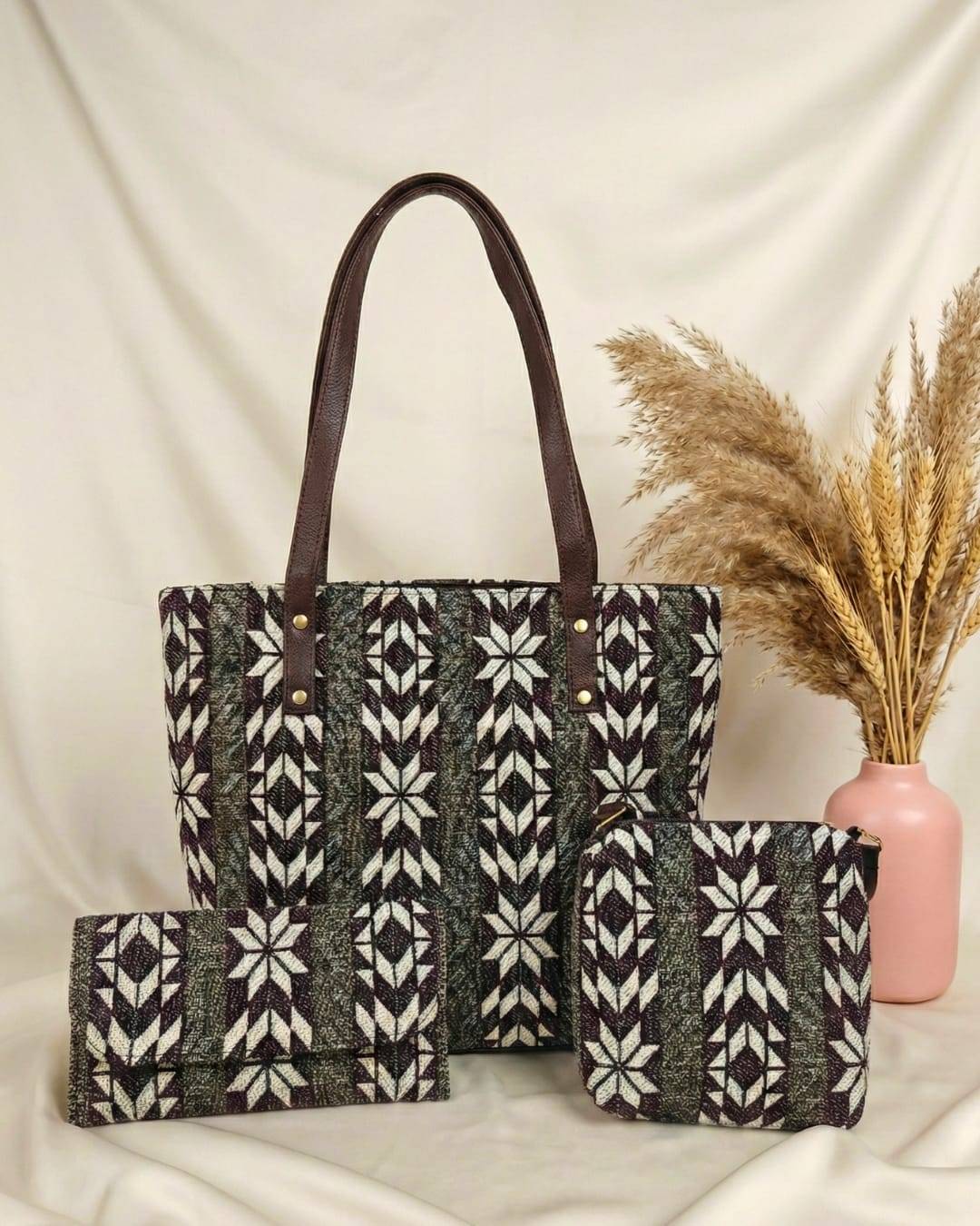 Brown on Beige Thread Work Jacquard Luxe Laptop Bag with Brown Leatherite 3pcs