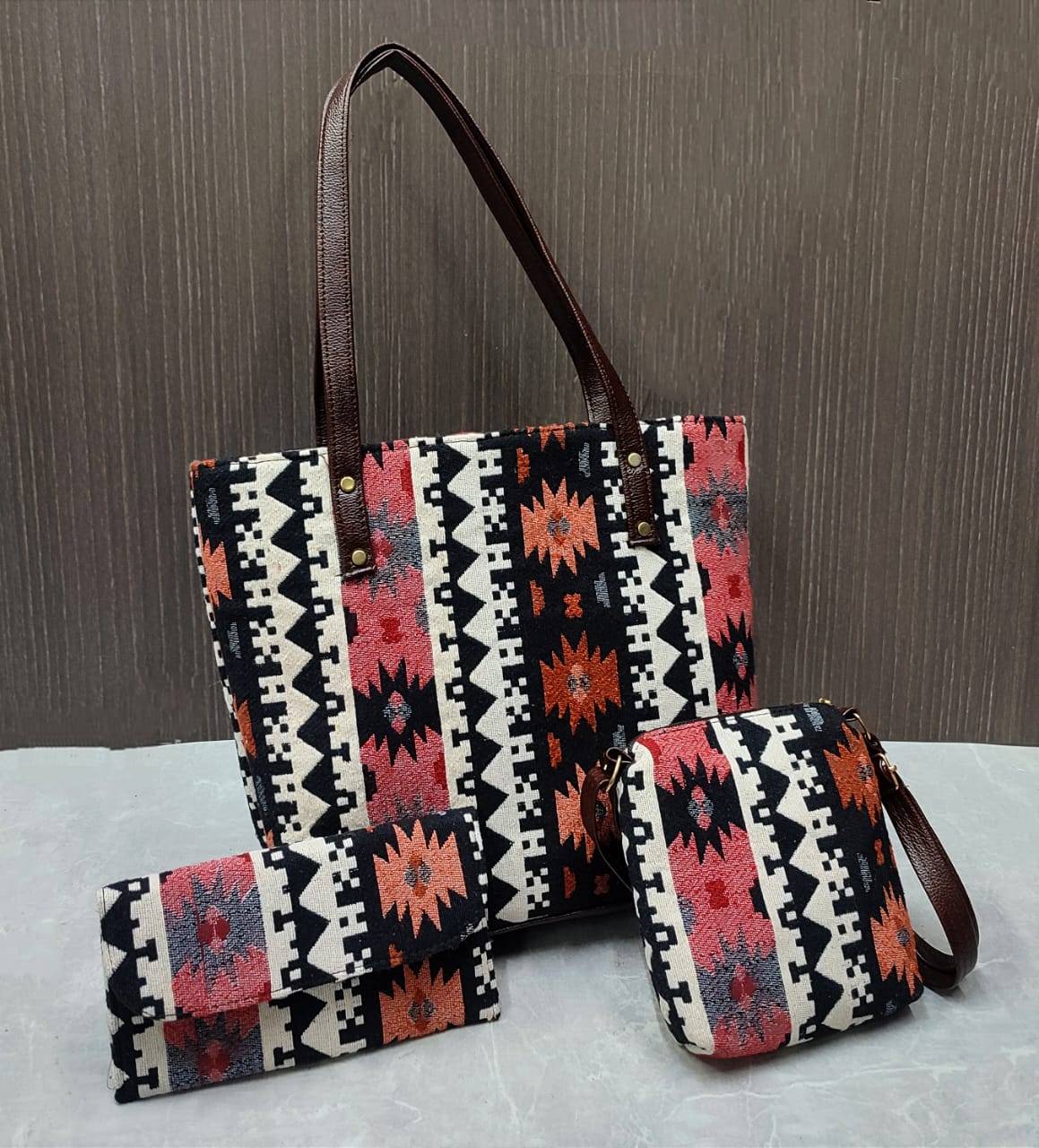 Black & Red Jacquard Luxe Laptop Bag with Brown Leatherite 3pcs