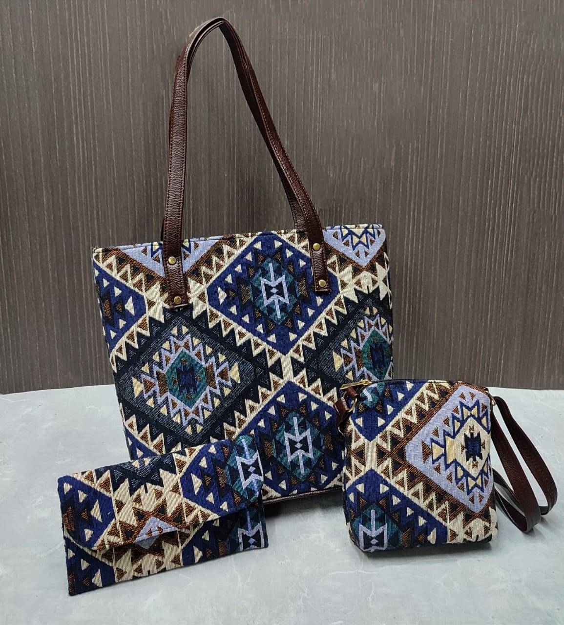 Black & Blue Jacquard Luxe Laptop Bag with Brown Leatherite 3pcs