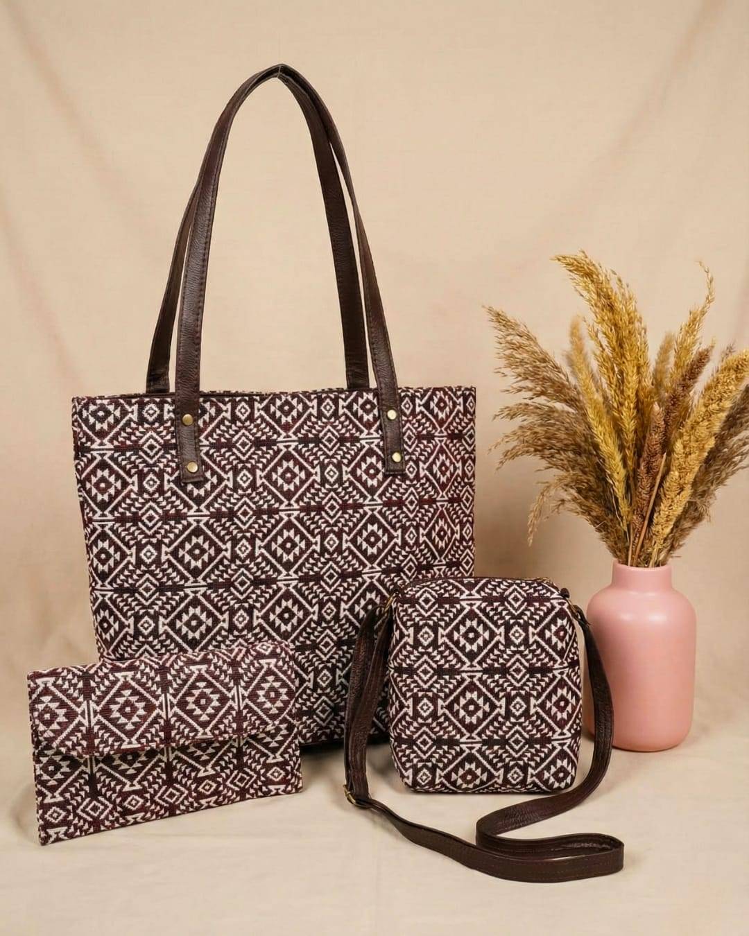 Maroon & White Jacquard Luxe Laptop Bag with Brown Leatherite 3pcs