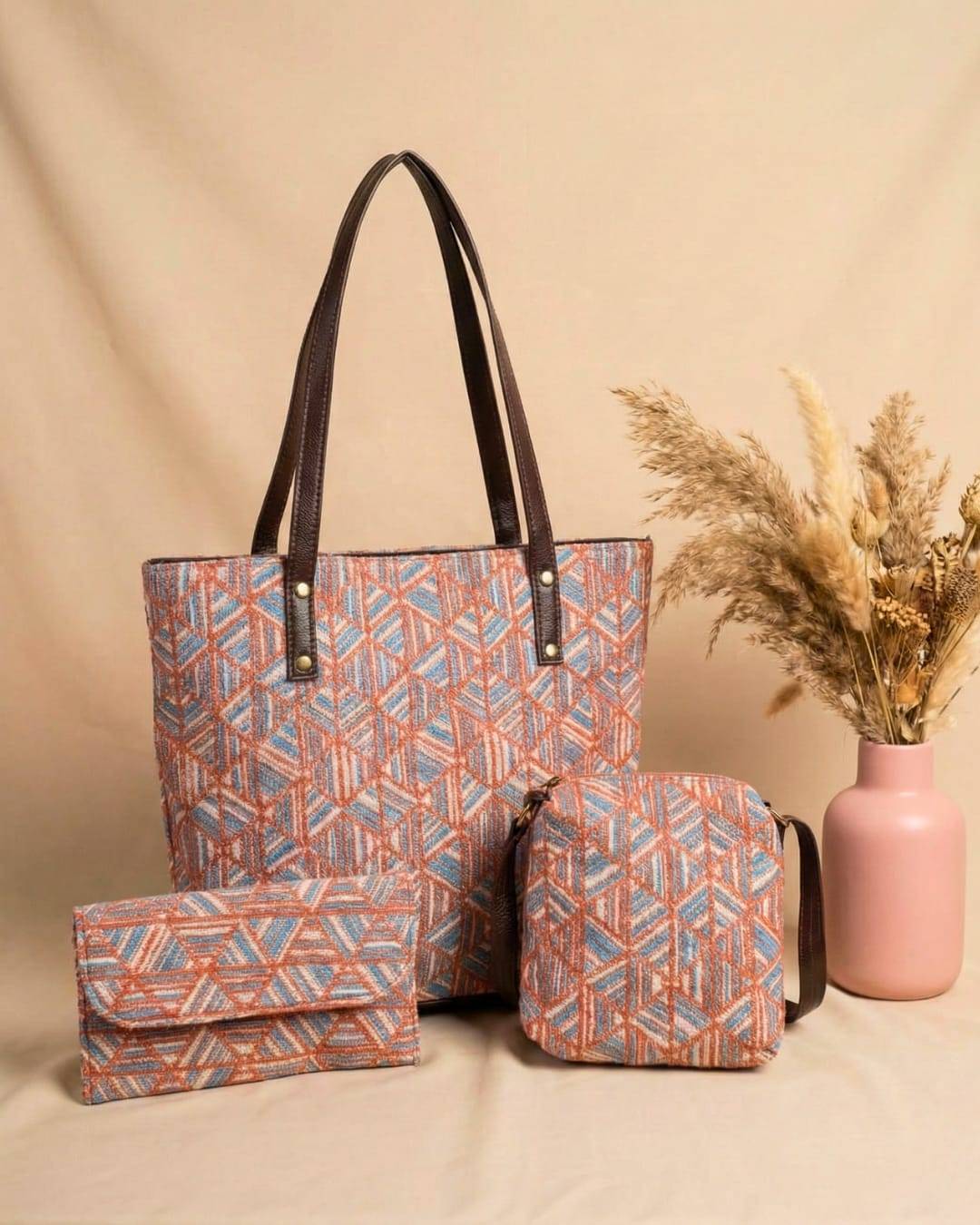 Peach Jacquard Luxe Laptop Bag with Brown Leatherite 3pcs