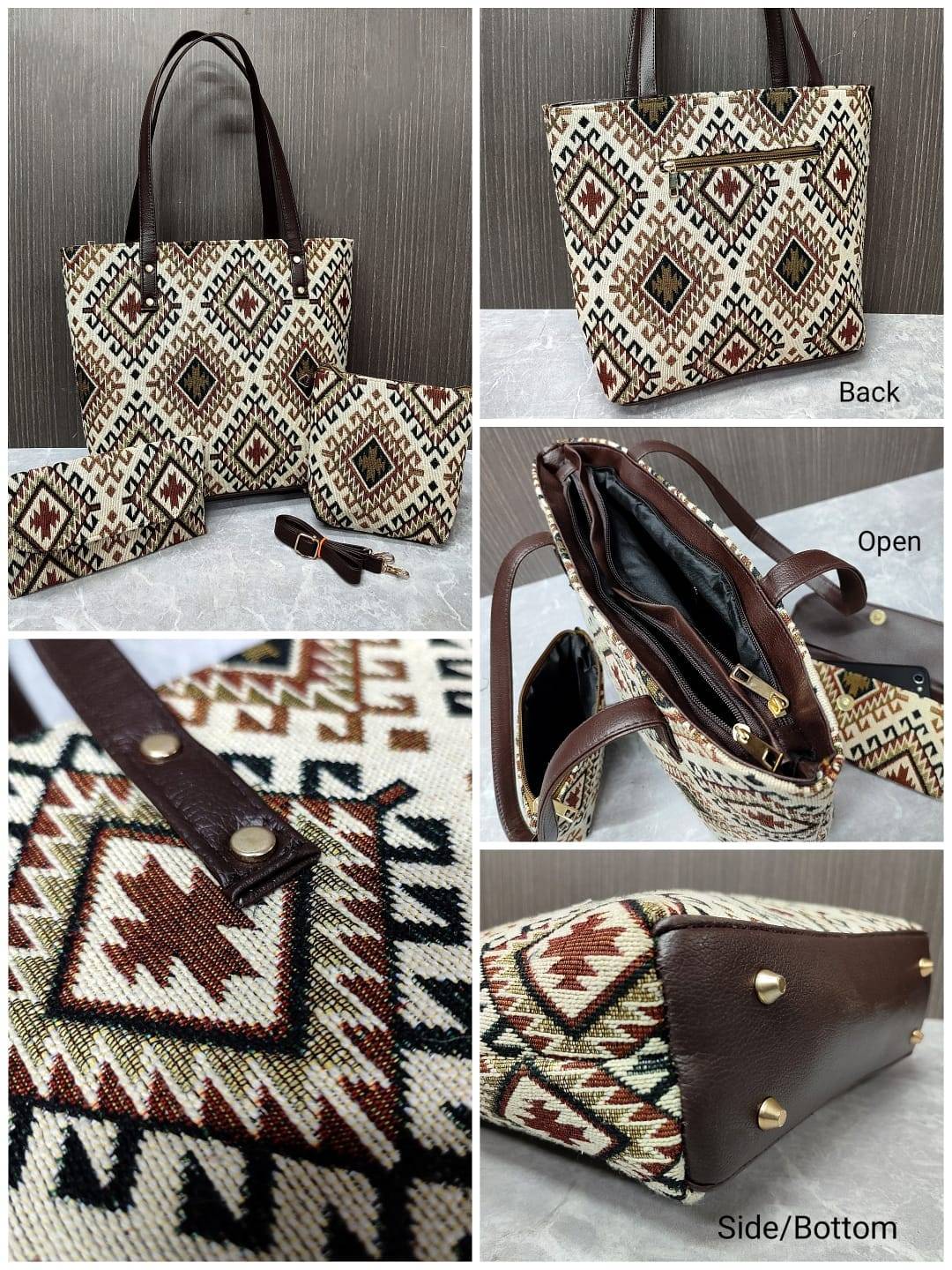 Beige Jacquard Luxe Laptop Bag with Brown Leatherite 3pcs