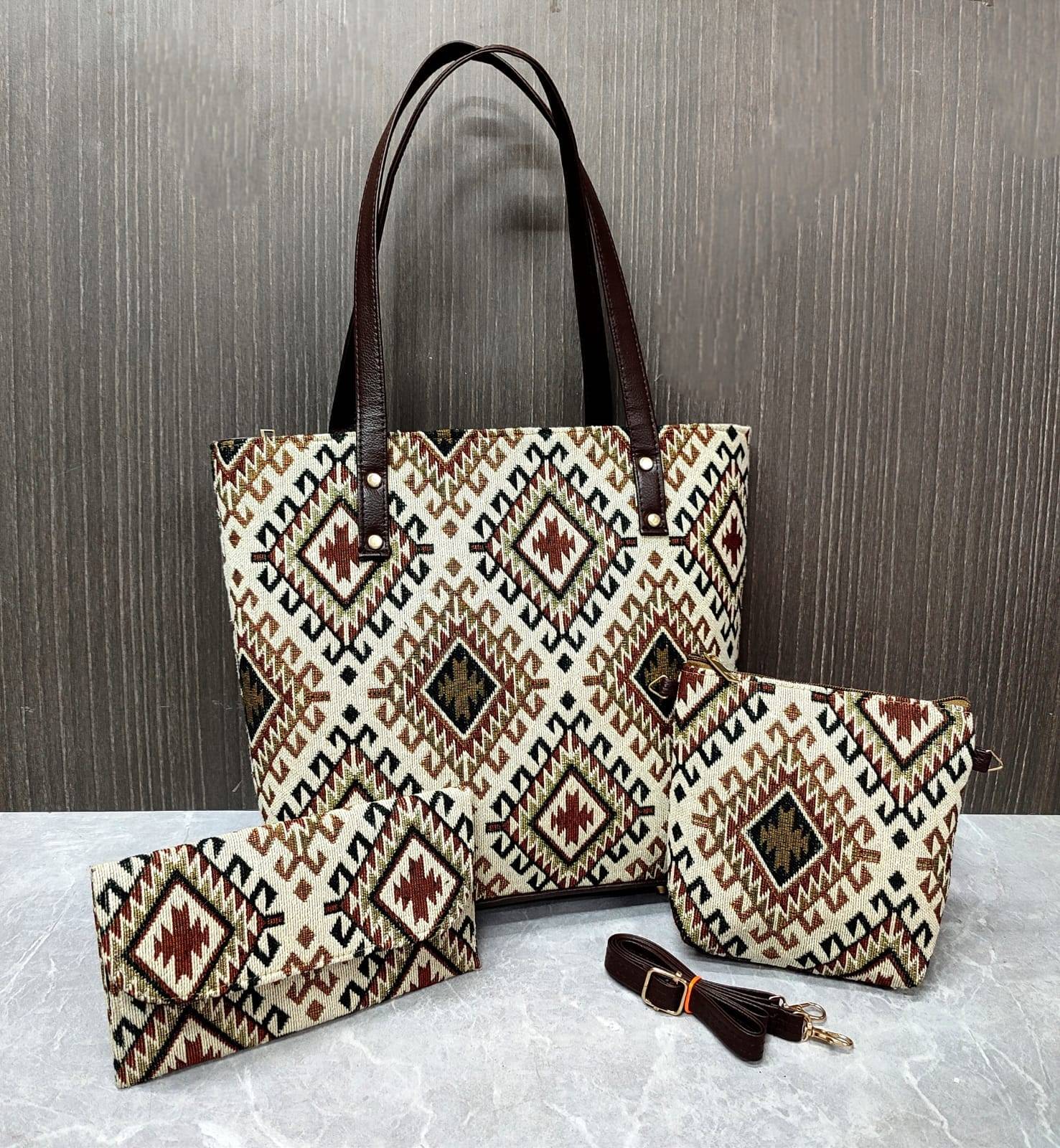 Beige Jacquard Luxe Laptop Bag with Brown Leatherite 3pcs
