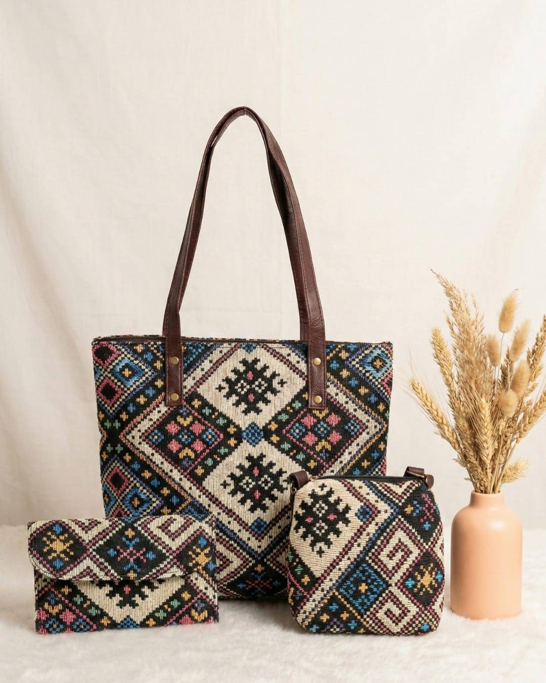 Blue & Beige Jacquard Luxe Laptop Bag with Brown Leatherite 3pcs