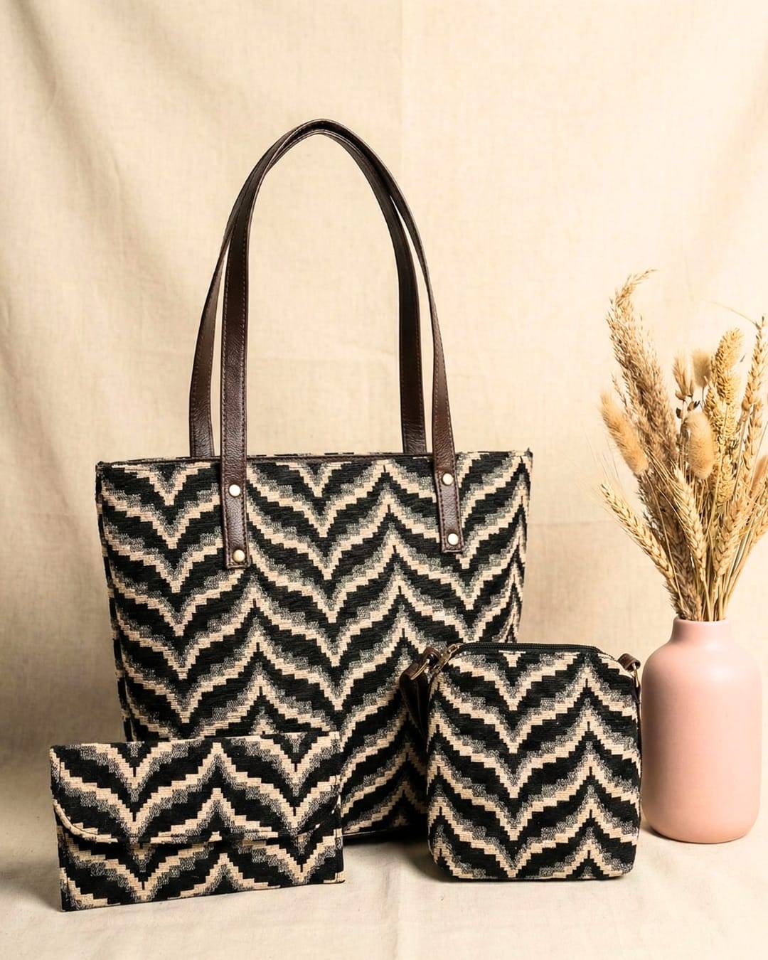 Beige and Black Jacquard Luxe Laptop Bag with Brown Leatherite 3pcs