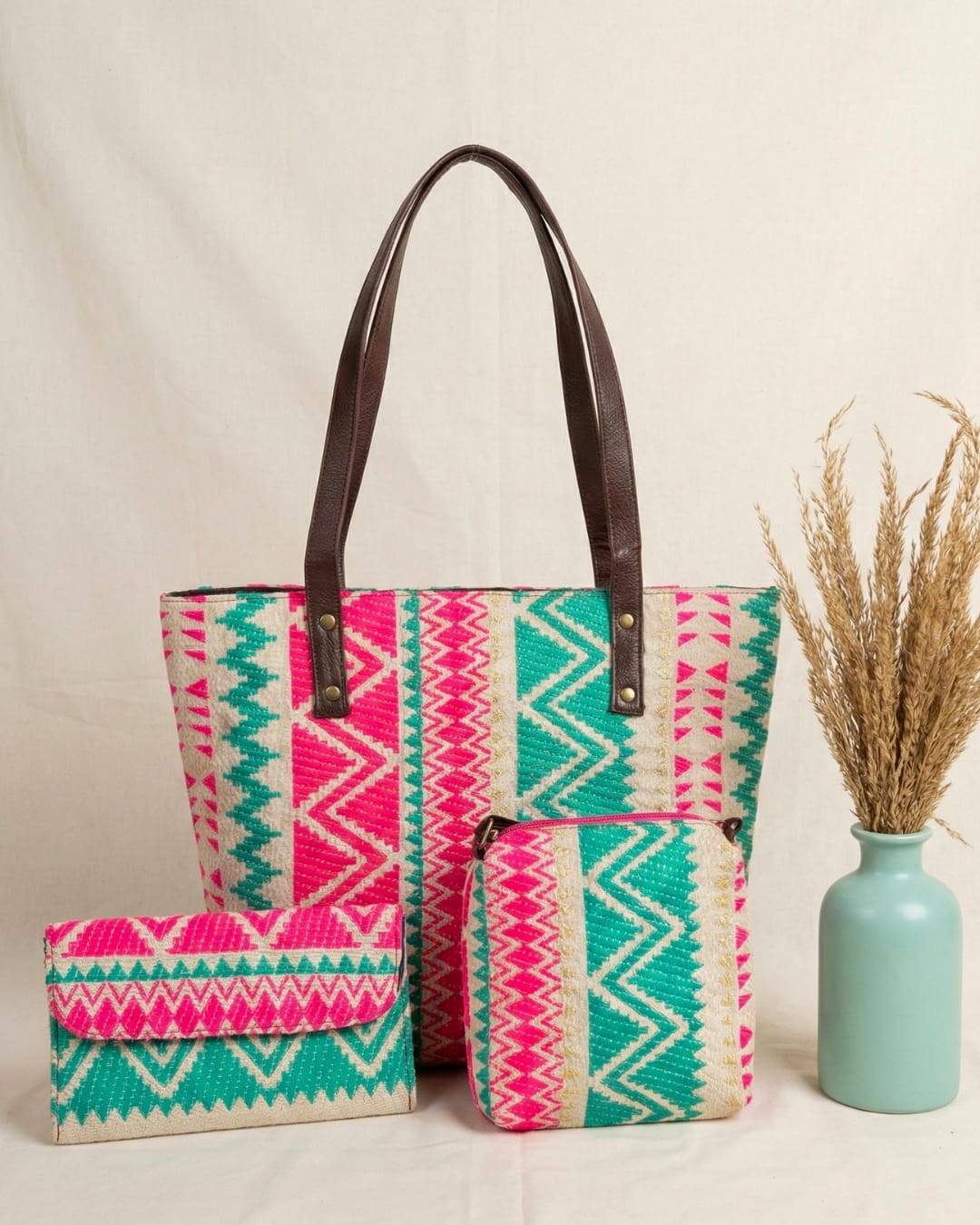 Pink and Green Jacquard Luxe Laptop Bag with Brown Leatherite 3pcs