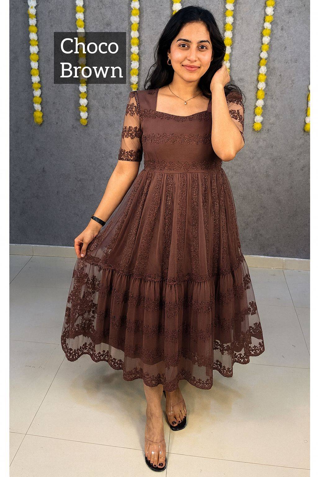 Brown Princess Bloom Sequin Embroidery Frock