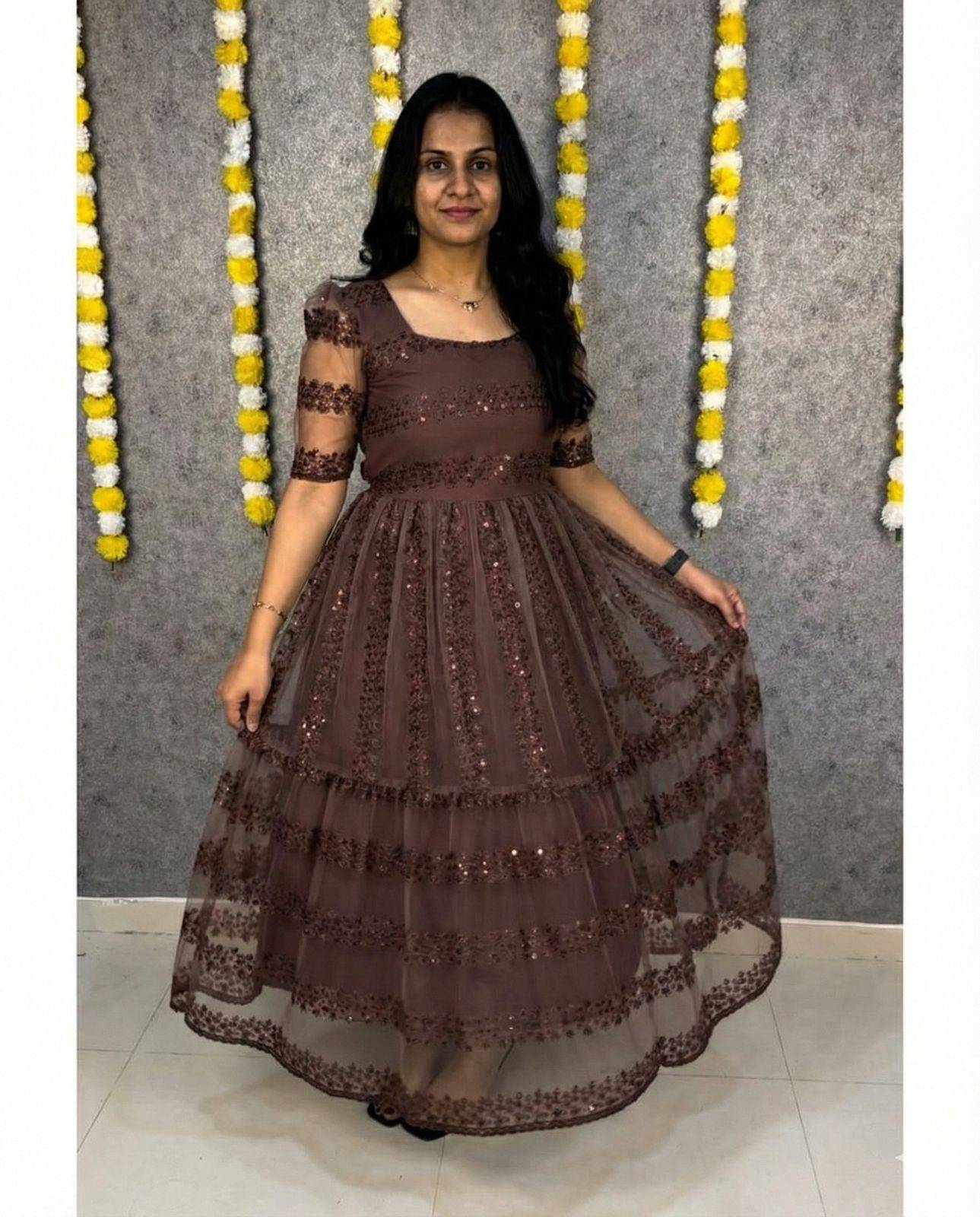 Brown Princess Bloom Sequin Embroidery Frock