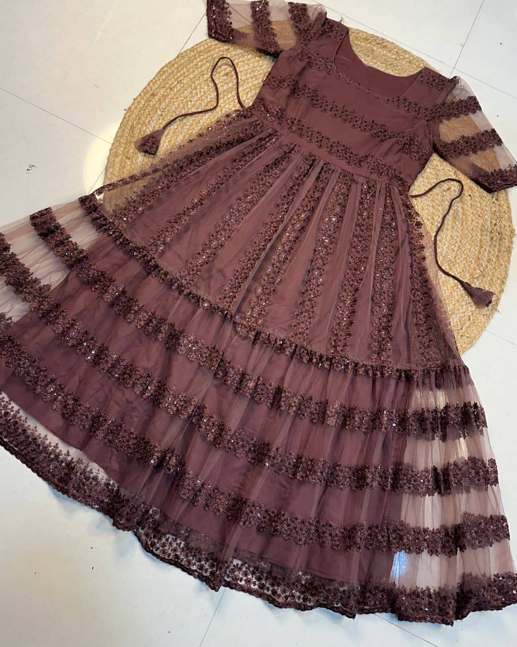 Brown Princess Bloom Sequin Embroidery Frock