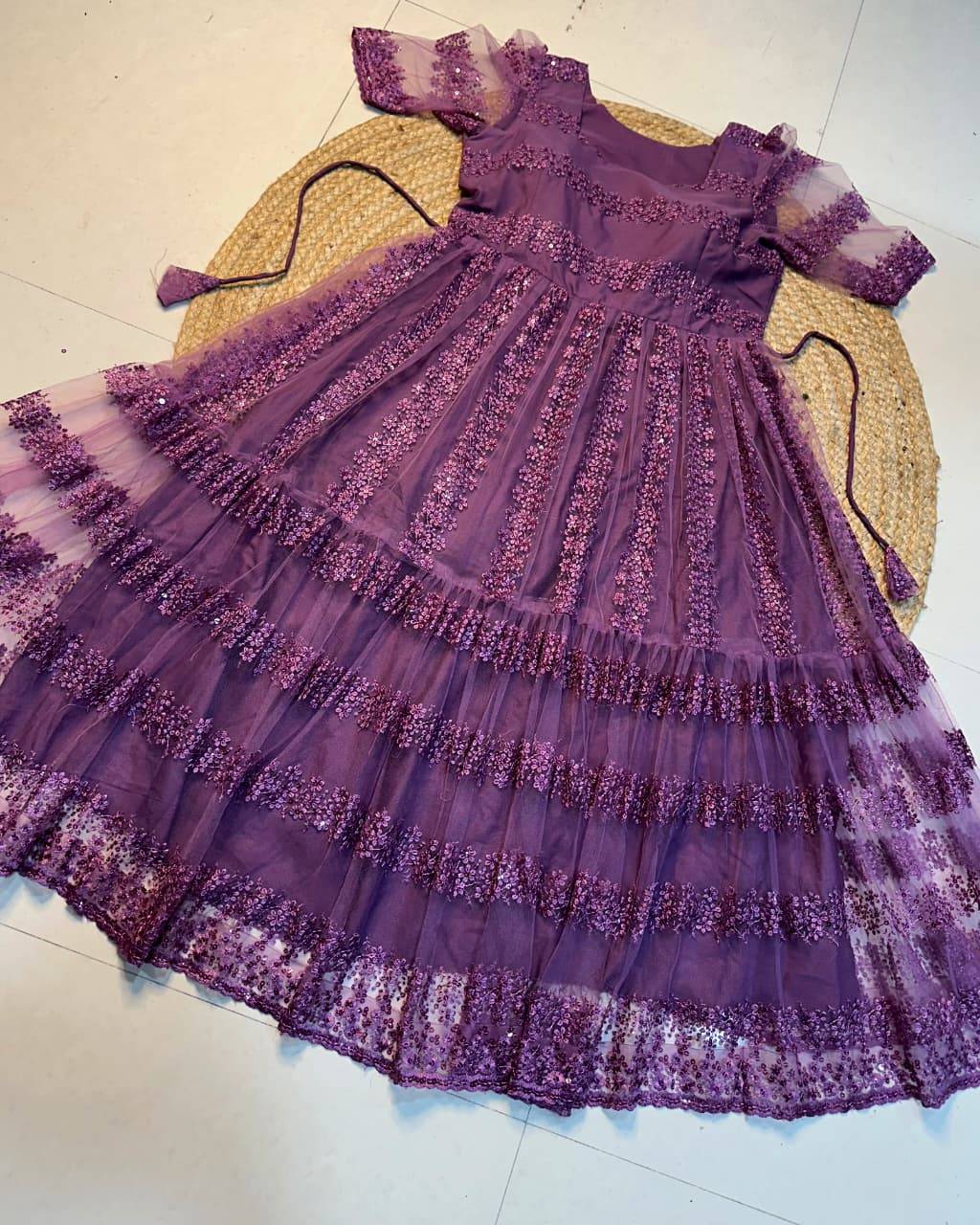 Lilac Princess Bloom Sequin Embroidery Frock