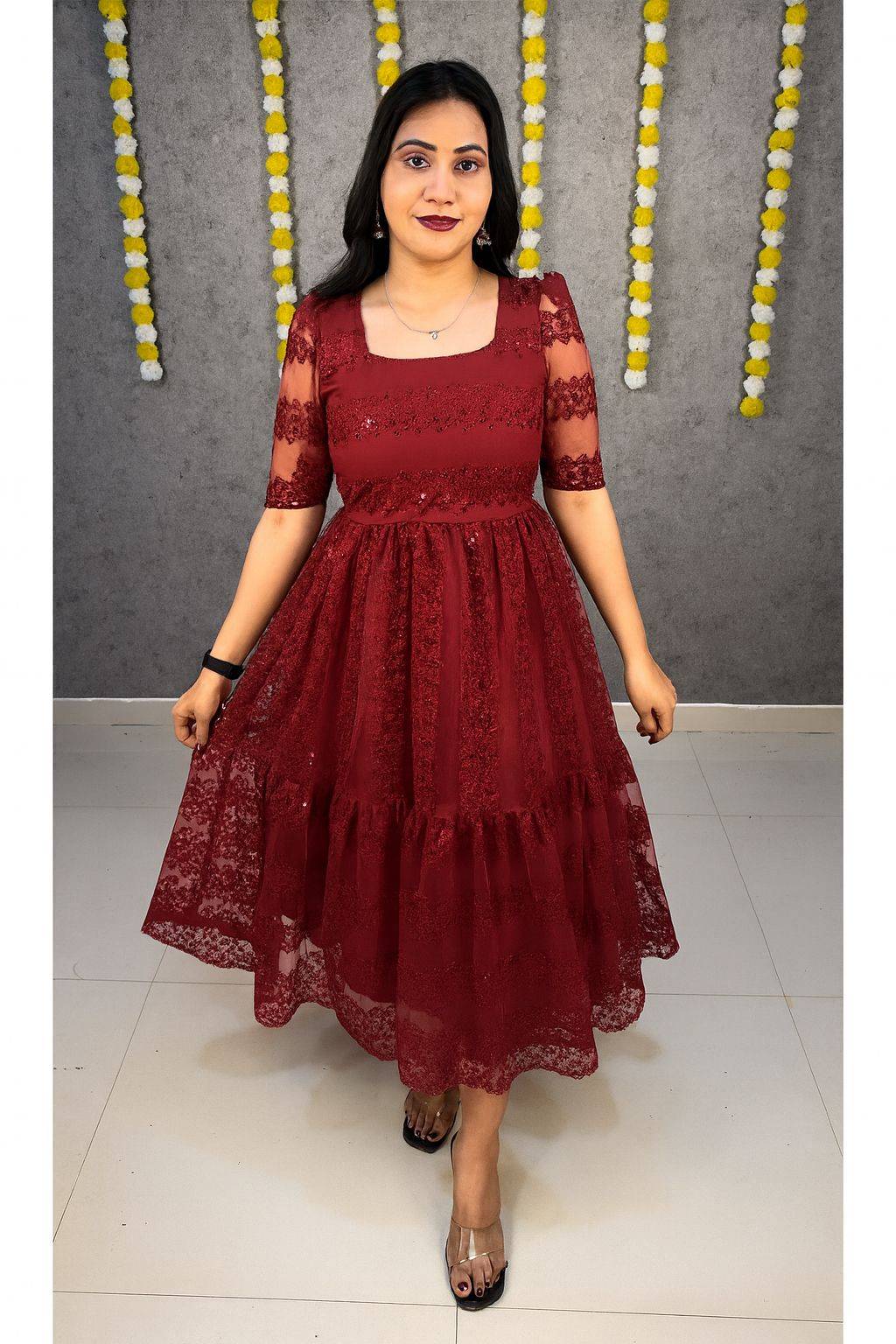 Red Princess Bloom Sequin Embroidery Frock