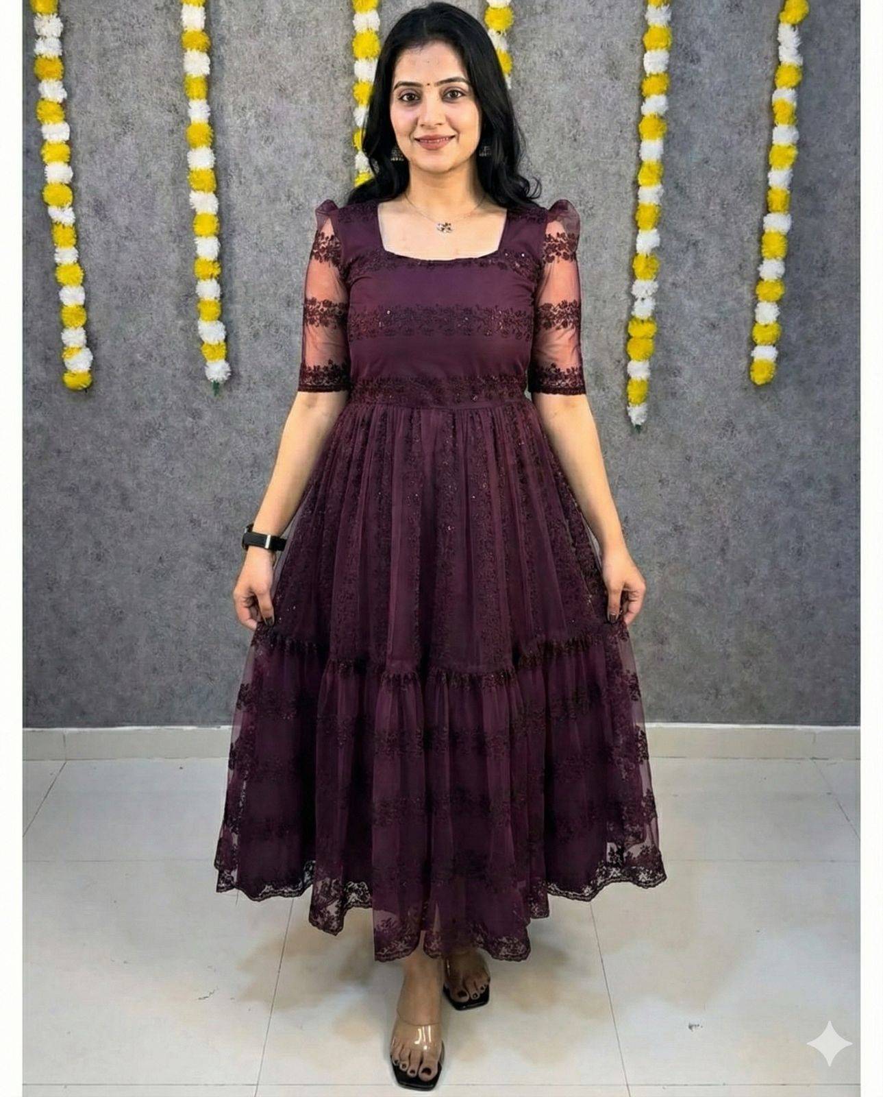 Violet Princess Bloom Sequin Embroidery Frock