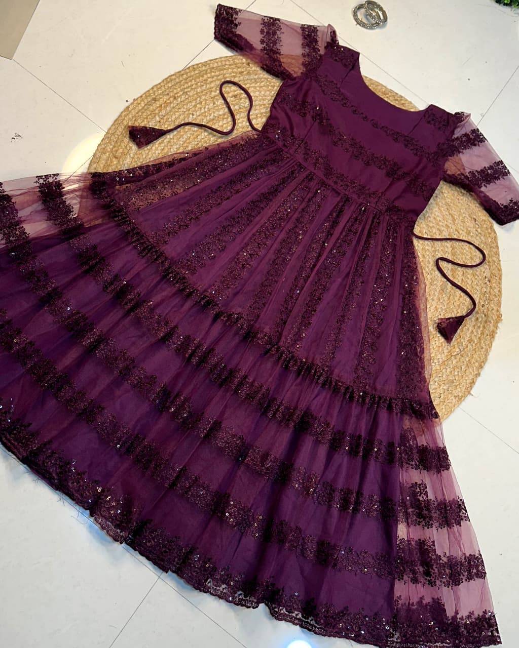 Violet Princess Bloom Sequin Embroidery Frock