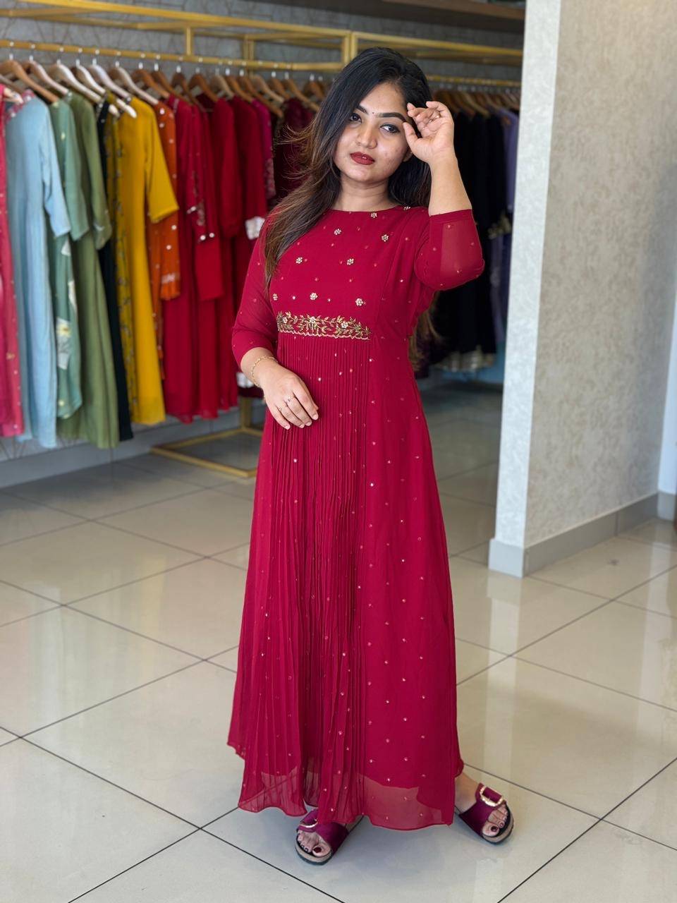 Buy Reddish marron Georgette sequence kurthi | Sreesha Design