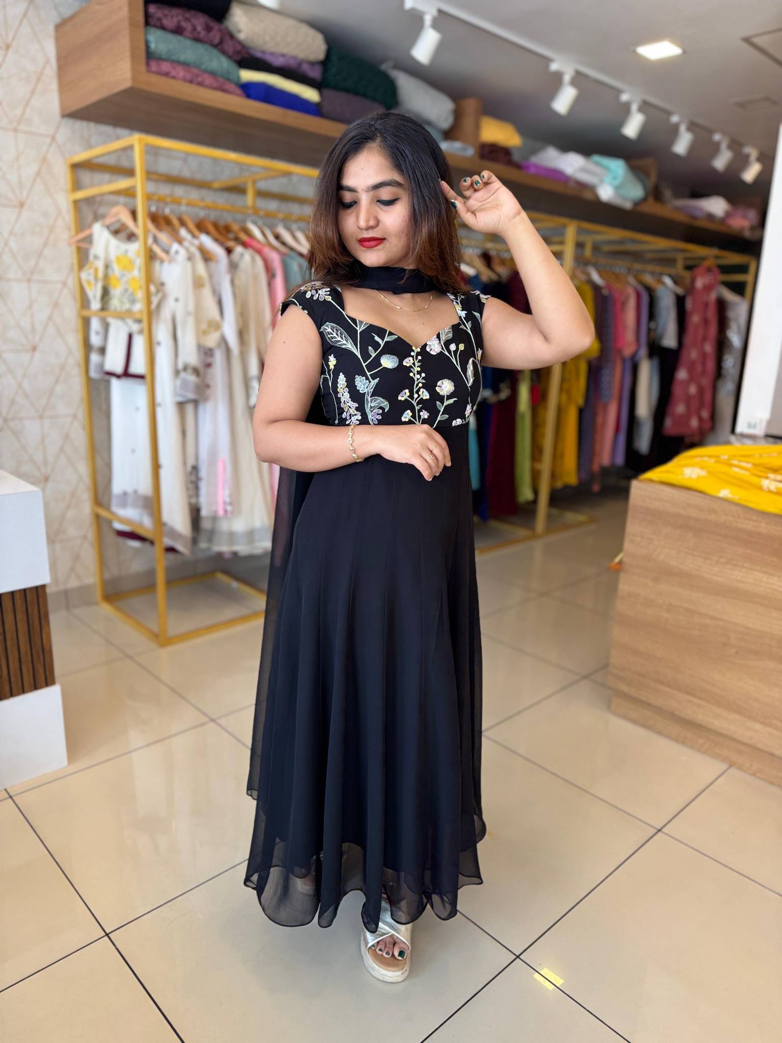 Buy Black floral panel cut kurthi | Sreesha Design