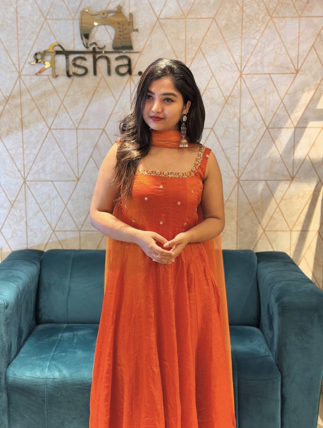 Orange velvet organza anarkali