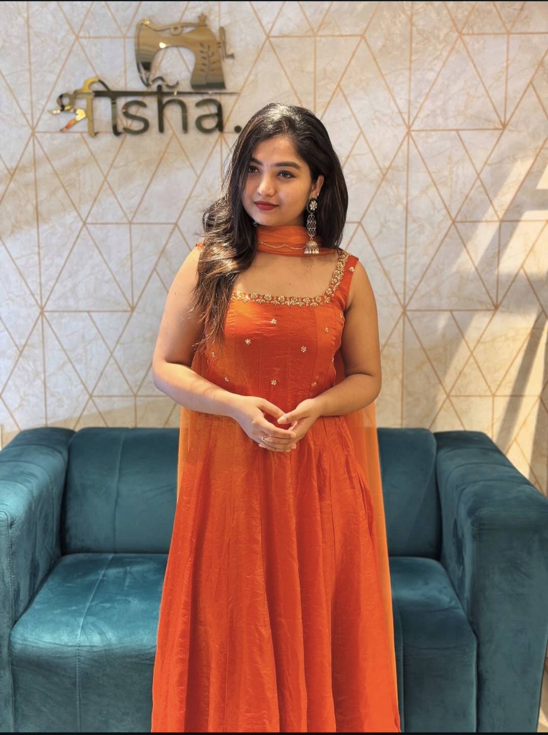 Orange velvet organza anarkali