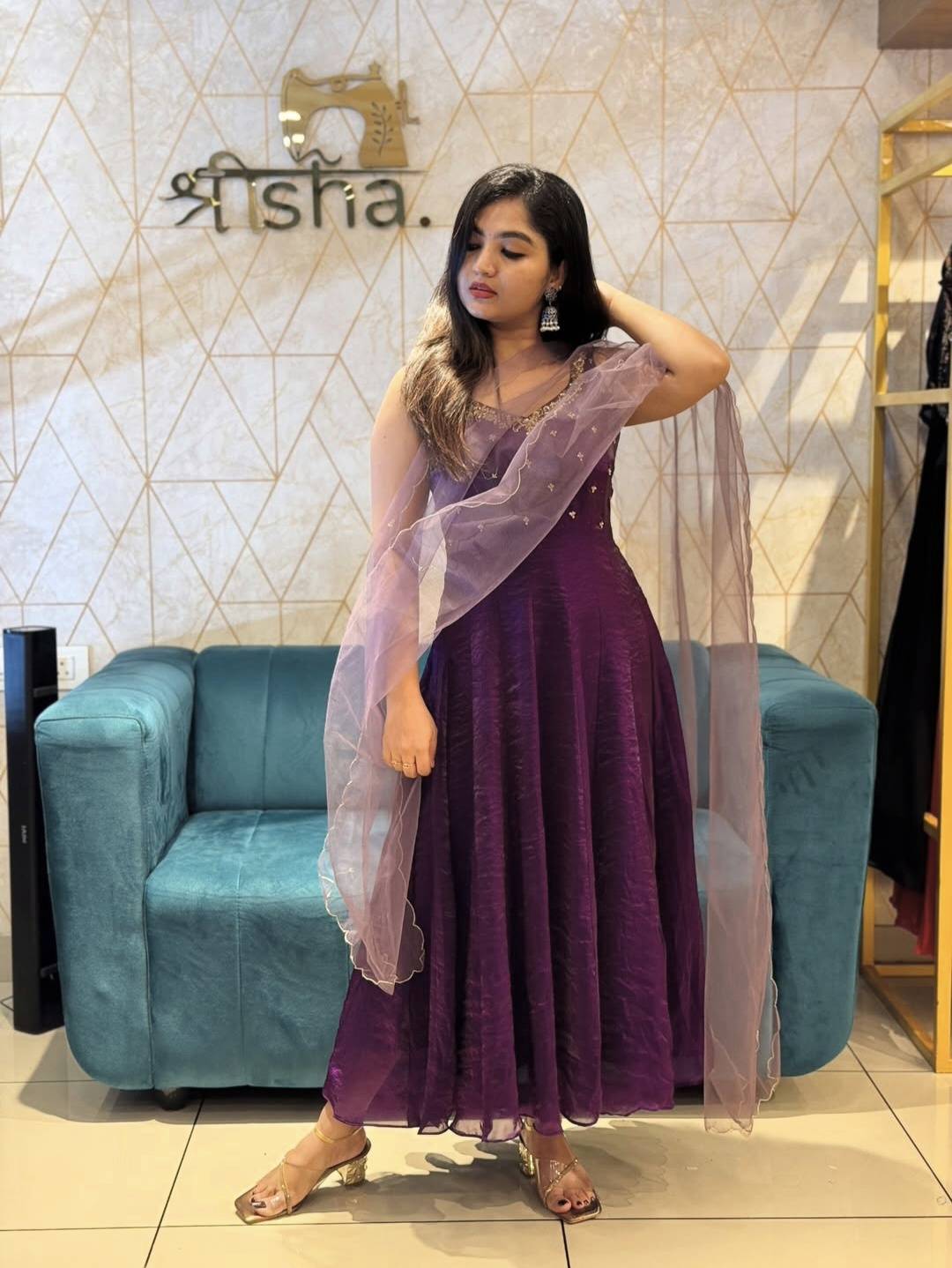 purple Velvet Organza Anarkali Set with Dhuppatta
