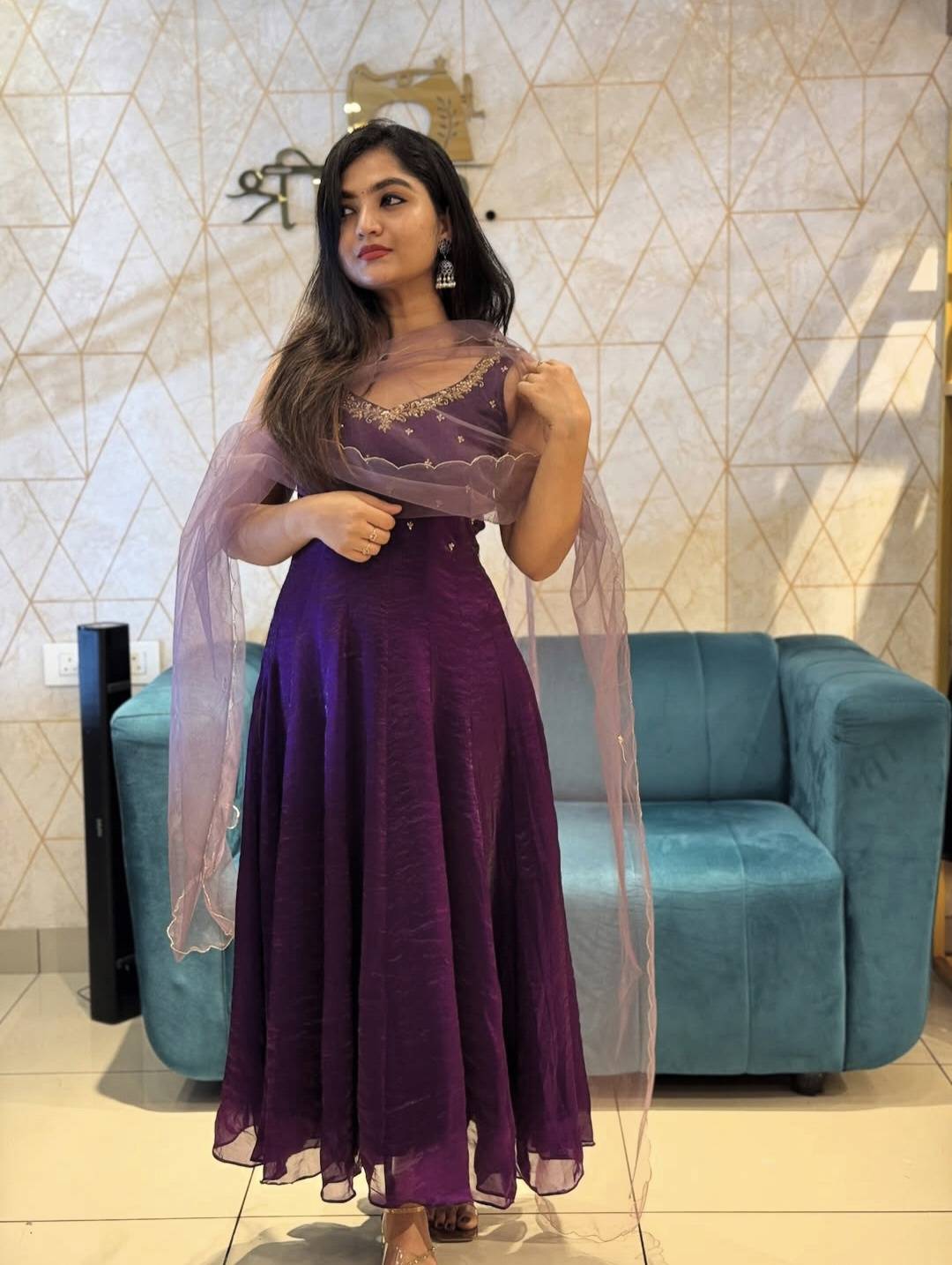 purple Velvet Organza Anarkali Set with Dhuppatta