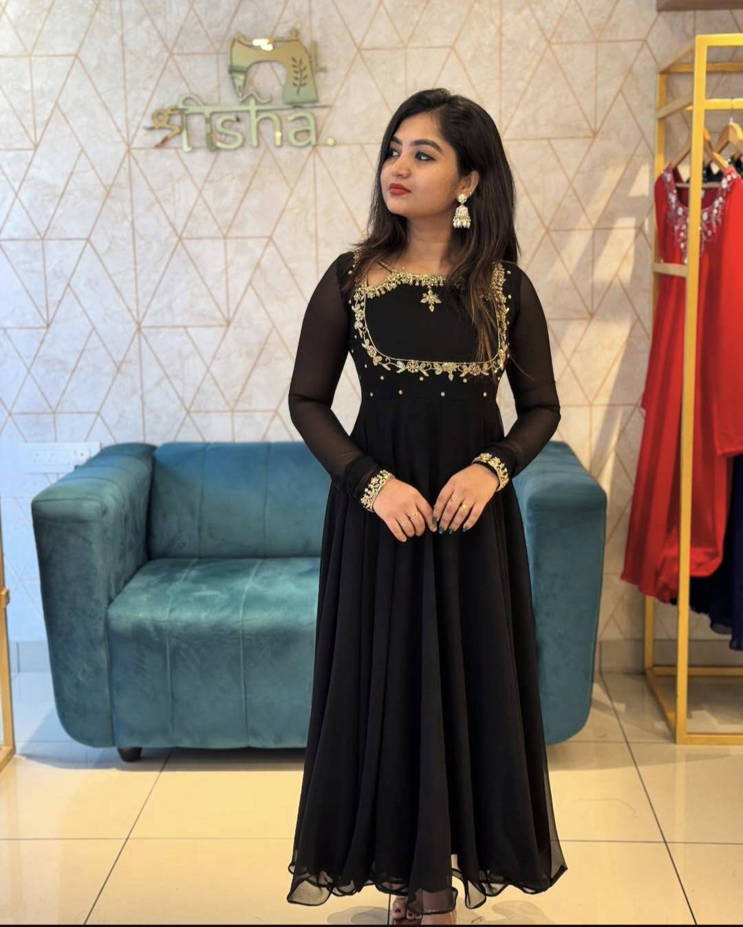 black georgette umbrella kurthi with heavy hand work