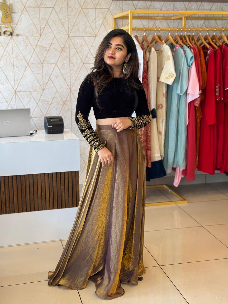 balck velvet heavy hand work top and skirt