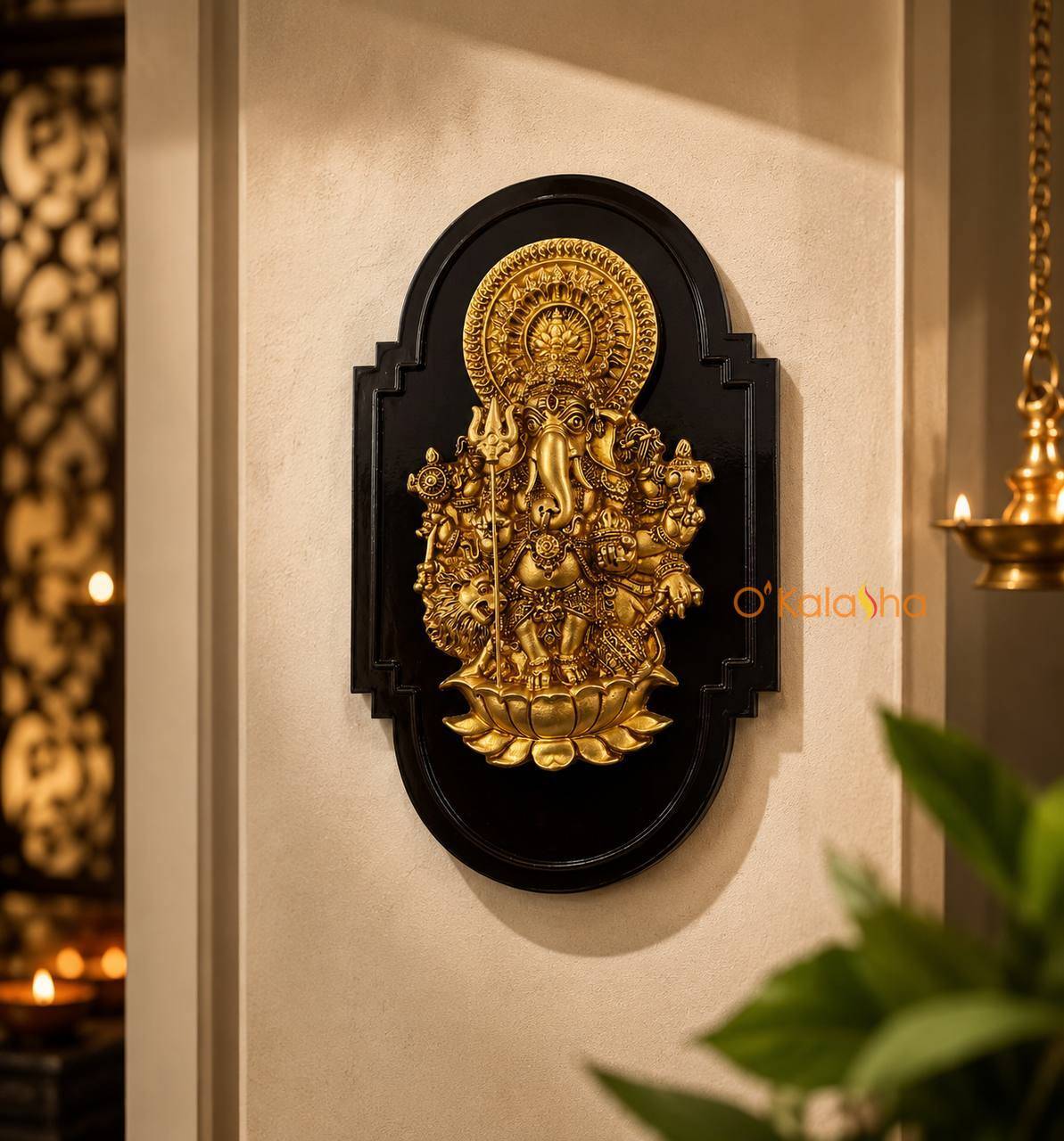 Subha Drishti Ganapati Wall Hanging – Antique Gold on Sleek Black Base (12 Inches)