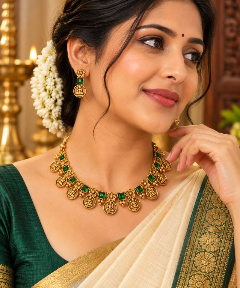 Emerald Green Kemp Stone Lakshmi Coin Necklace Set