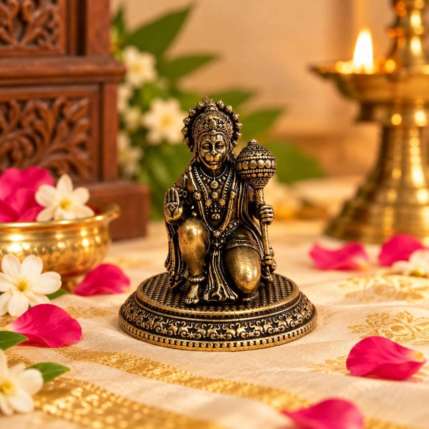 Antique Finish Brass Lord Hanuman Idol for Car Dashboard & Pooja Room (5.5cm)