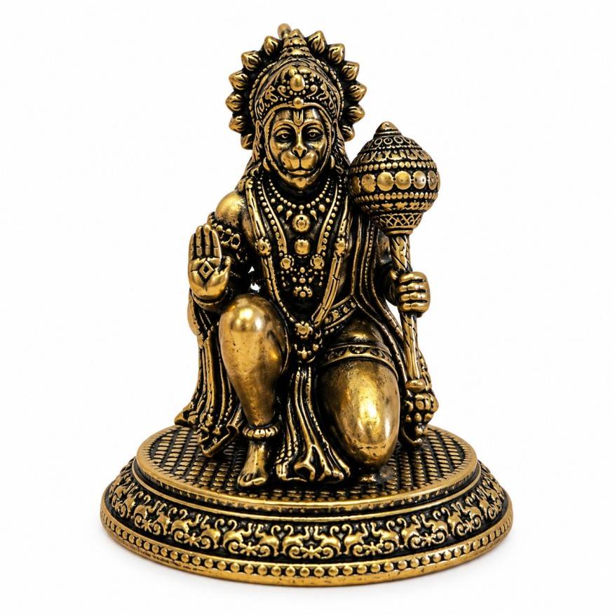 Antique Finish Brass Lord Hanuman Idol for Car Dashboard & Pooja Room (5.5cm)