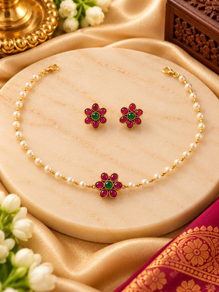 Single Strand Pearl Chain Choker Necklace Set with Floral Ruby & Emerald Stone Centerpiece | Matching Floral Stud Earrings