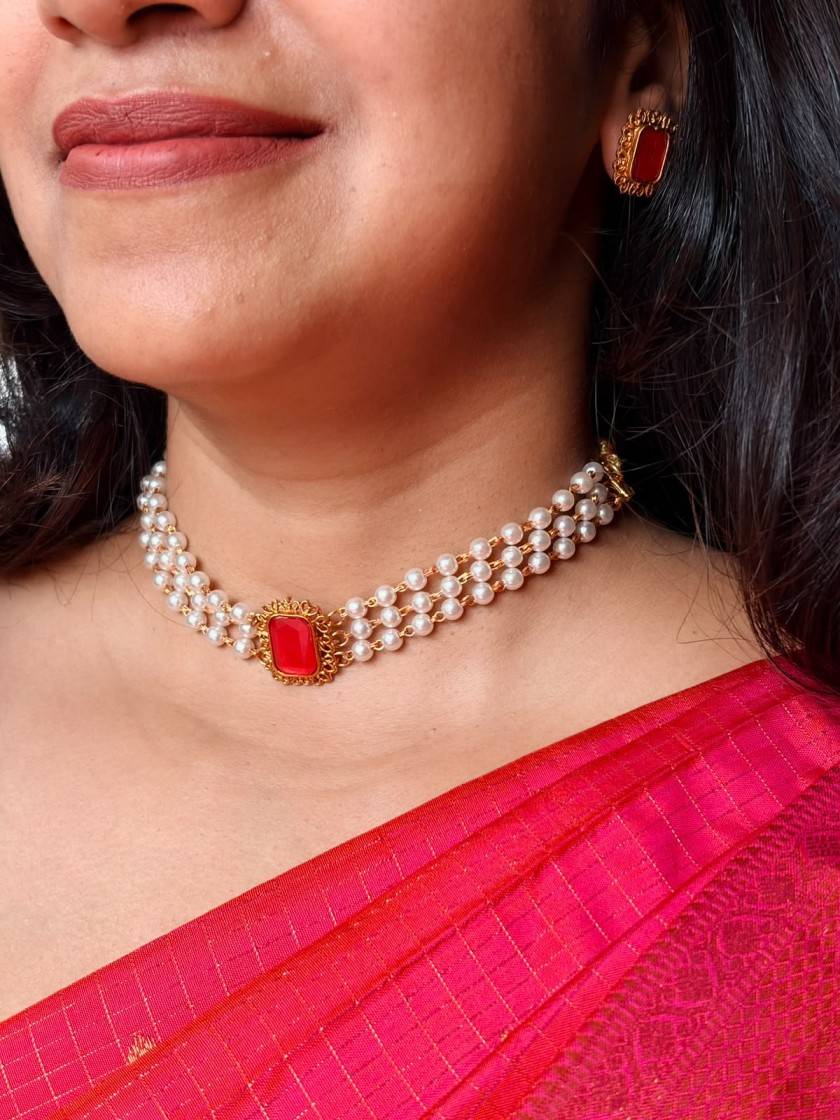 3-Layer Pearl Strand Choker Necklace Set with Rectangular Orange Stone Pendant & Matching Earrings