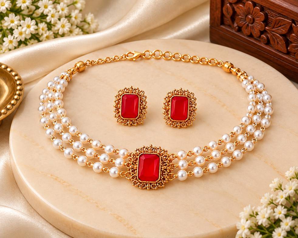 3-Layer Pearl Strand Choker Necklace Set with Rectangular Orange Stone Pendant & Matching Earrings