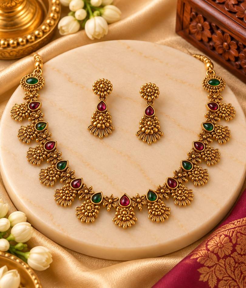 Antique Matte Gold Floral Cluster Necklace Set with Ruby Red & Emerald Green Tear-Drop Stones | Ethnic Jewellery Set