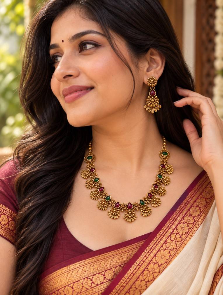 Antique Matte Gold Floral Cluster Necklace Set with Ruby Red & Emerald Green Tear-Drop Stones | Ethnic Jewellery Set