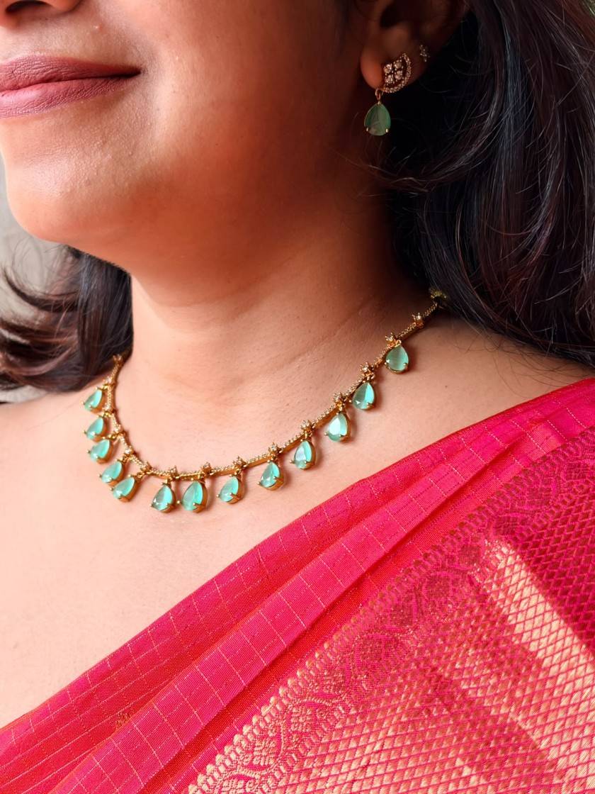 Mint Green Teardrop Stone Necklace Set with Matching Drop Earrings