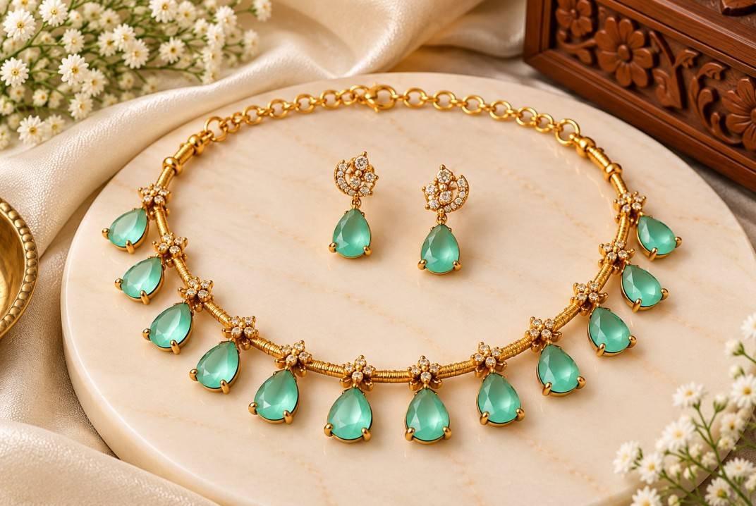 Mint Green Teardrop Stone Necklace Set with Matching Drop Earrings
