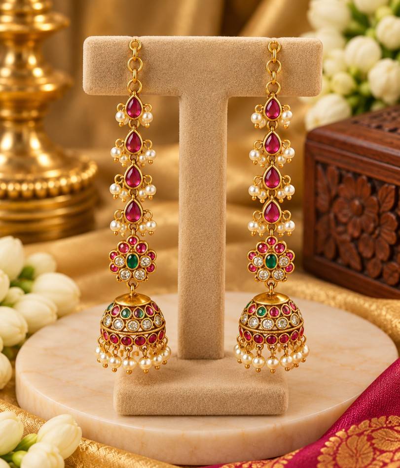 Antique Gold Finish Ruby & Pearl Mattal Jhumka Earrings with CZ Accents