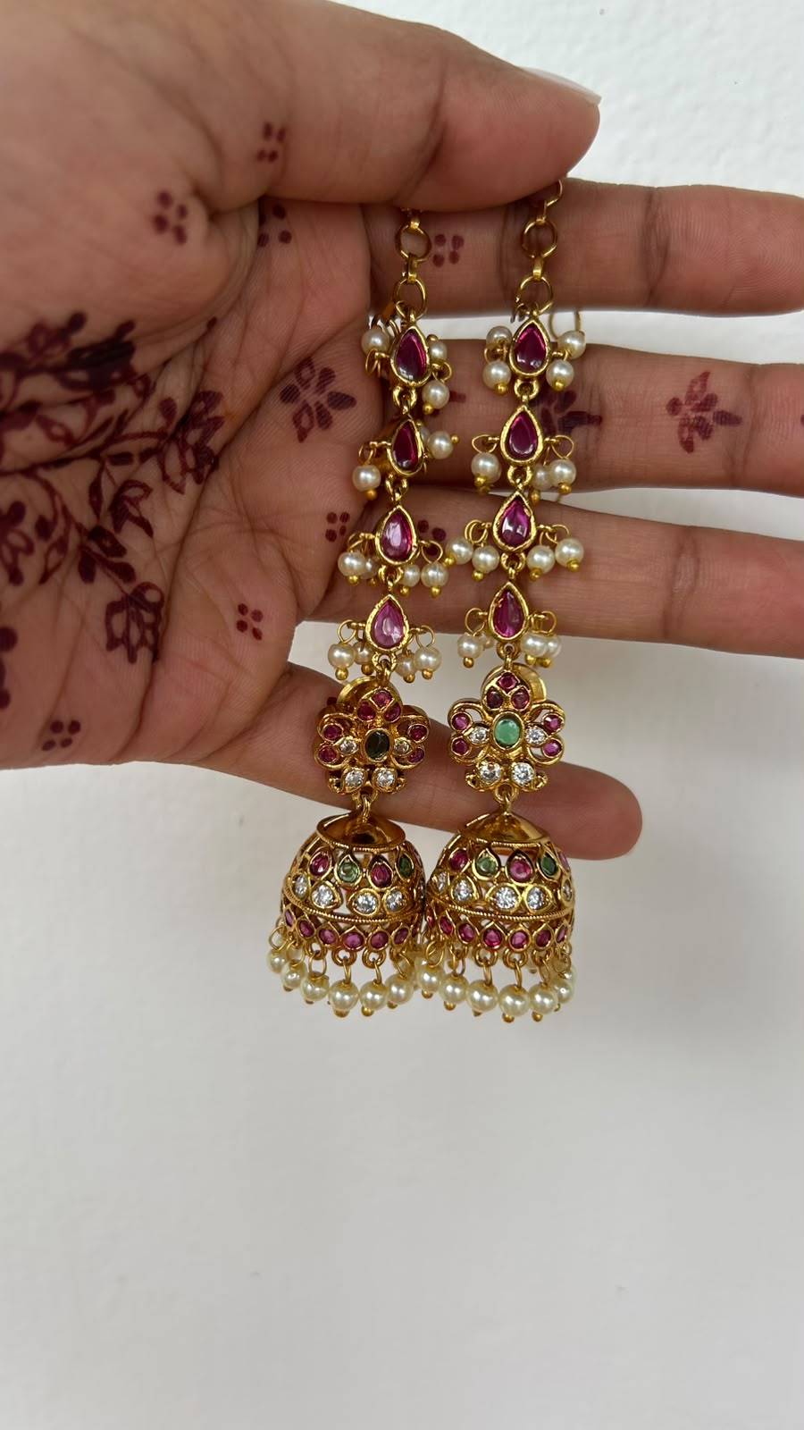 Antique Gold Finish Ruby & Pearl Mattal Jhumka Earrings with CZ Accents
