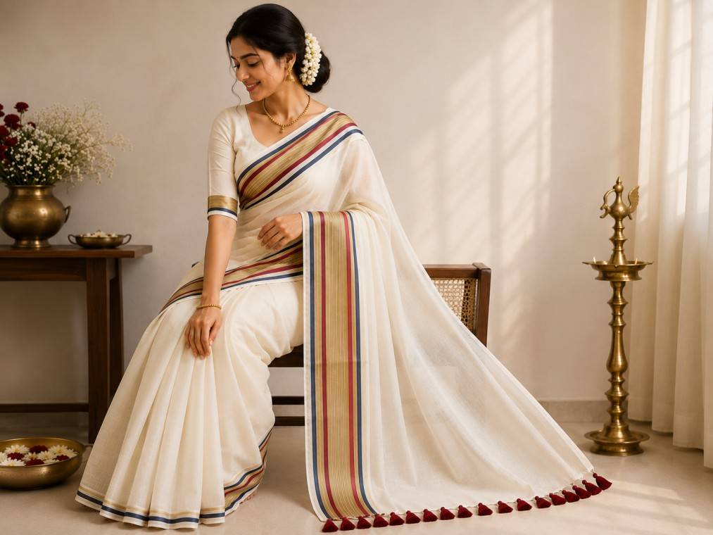 Mul Mul Cotton Kerala Saree with Multi-Color Striped Kasavu Border & Tassels