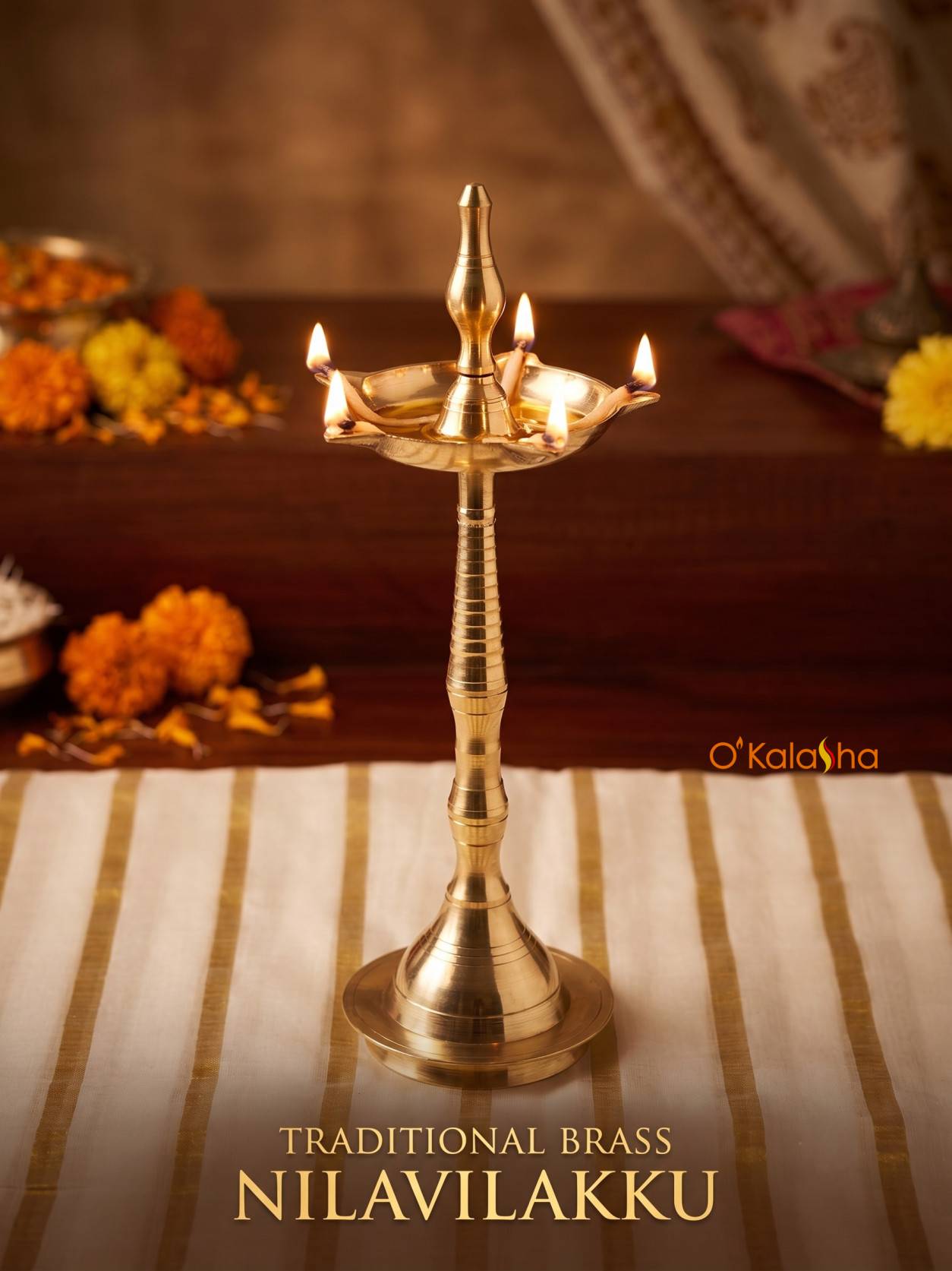 O'Kalasha Pure Brass Nilavilakku - Traditional Kerala Puja Kuttu Vilakku Lamp (11 inches)
