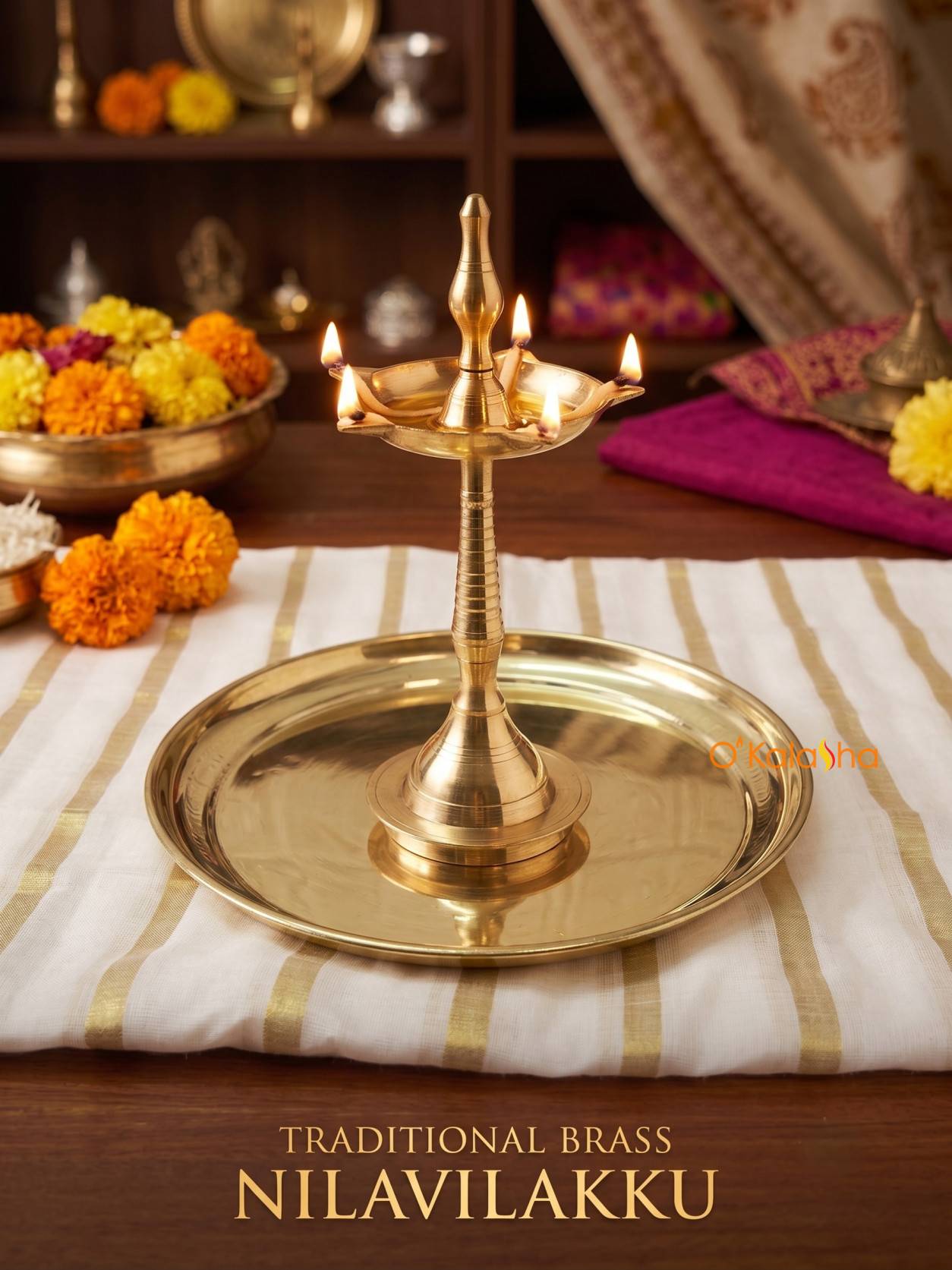 O'Kalasha Pure Brass Nilavilakku and Thalam Combo Set - Traditional Kerala Brass Lamp with 7-Inch Plate