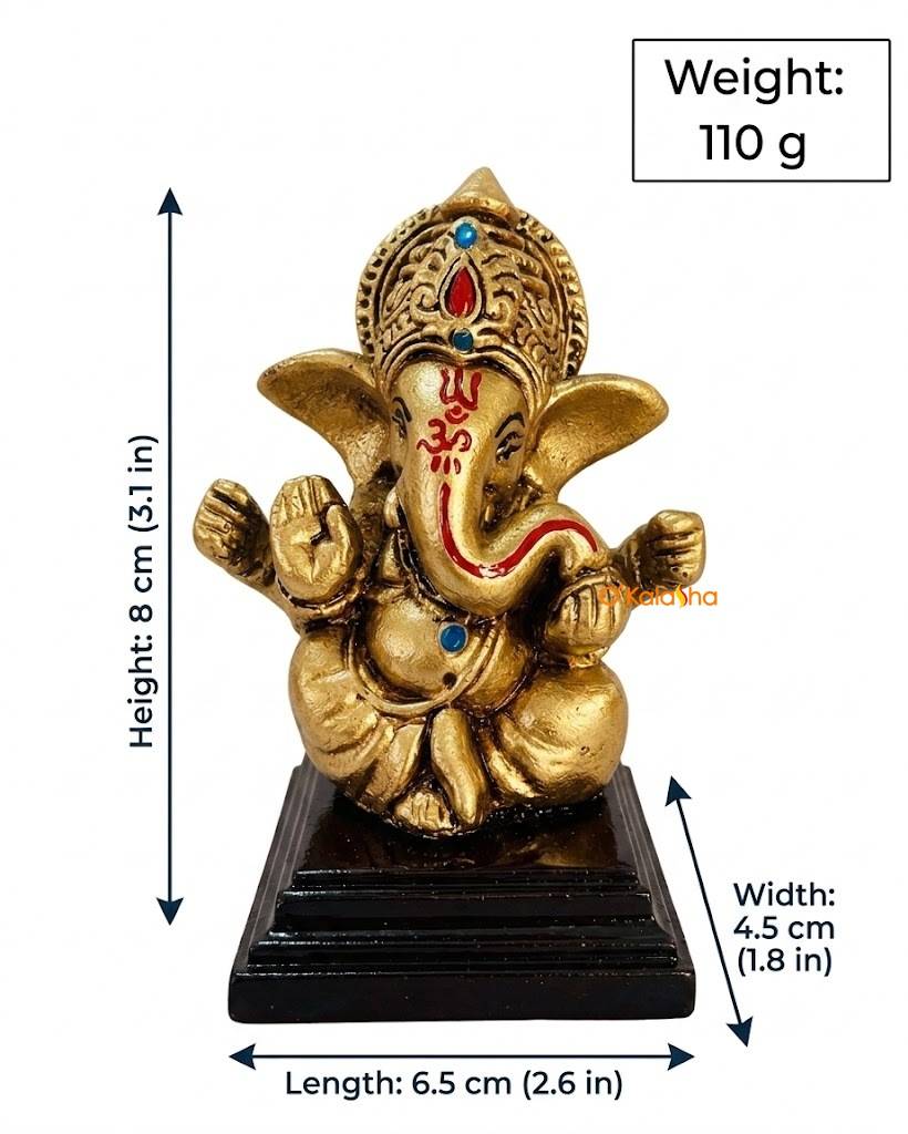 O Kalasha Premium Car Dashboard Ganesha Idol – 8cm Antique Gold Finish Lord Ganesh Statue for Car, Desk & Mini Mandir
