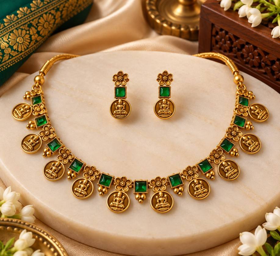 Emerald Green Kemp Stone Lakshmi Coin Necklace Set