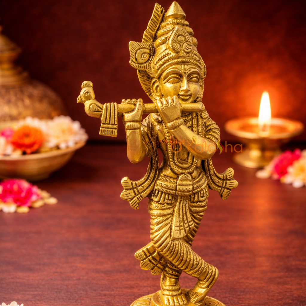 Divine Brass Mural-Style Krishna with Flute – 17 cm