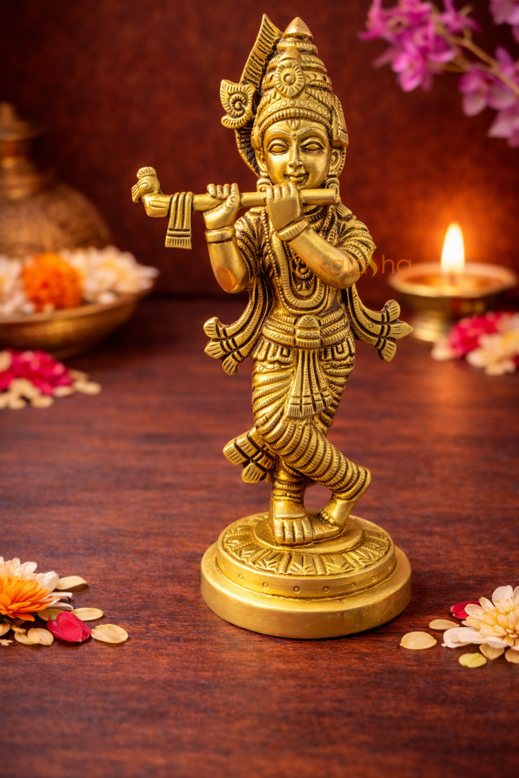 Divine Brass Mural-Style Krishna with Flute – 17 cm