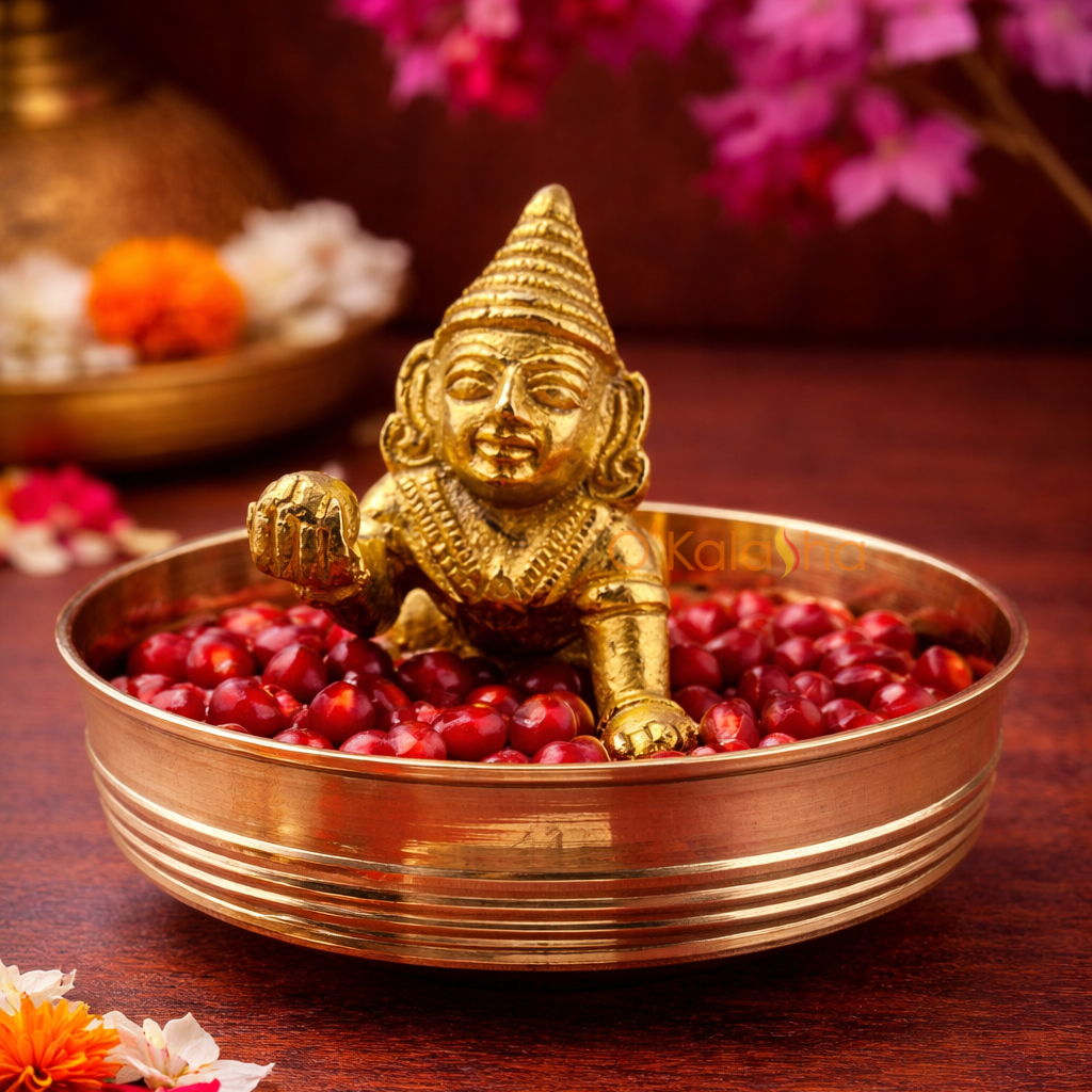 Brass Uruli with Unnikannan & Manjadikuru / Divine Kerala Decor Set – Polished Brass Uruli with Krishna & Red Lucky Seeds