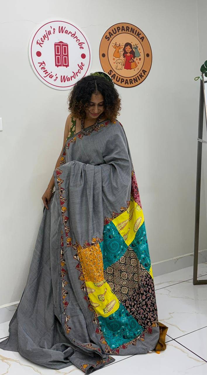 Buy Soft handloom cotton Patchwork saree | Renju’s Wardrobe